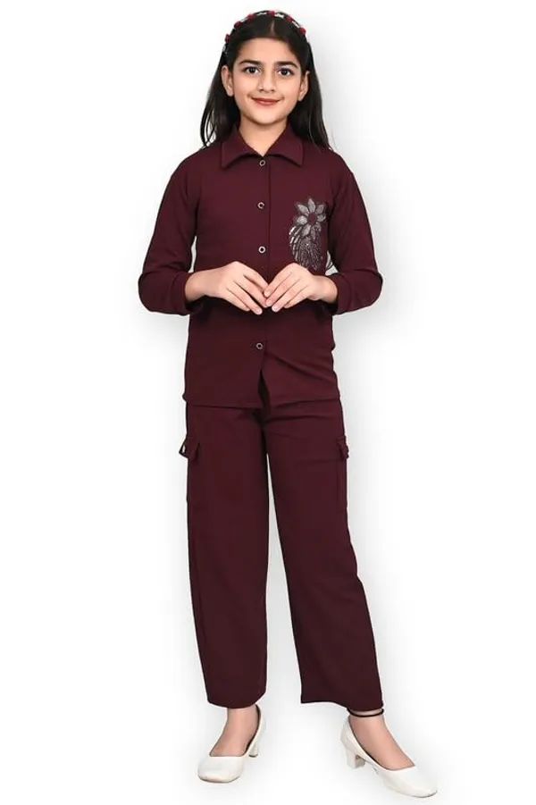 Maroon_Jacquard_Premium_Shirt_And_Trouser_Set_For_Girls_Kids