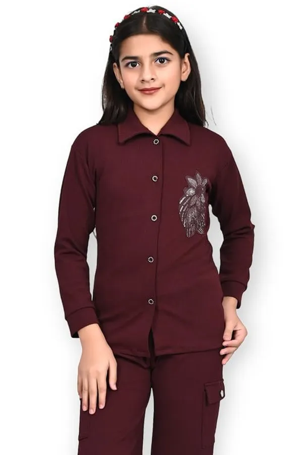 Maroon_Jacquard_Premium_Shirt_And_Trouser_Set_For_Girls_Kids