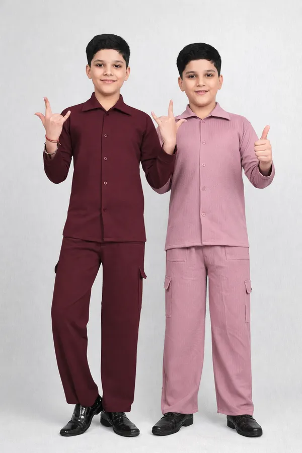 Pink_And_Maroon_Jacquard_Premium_Shirt_And_Trouser_Set_For_Kids_Boy