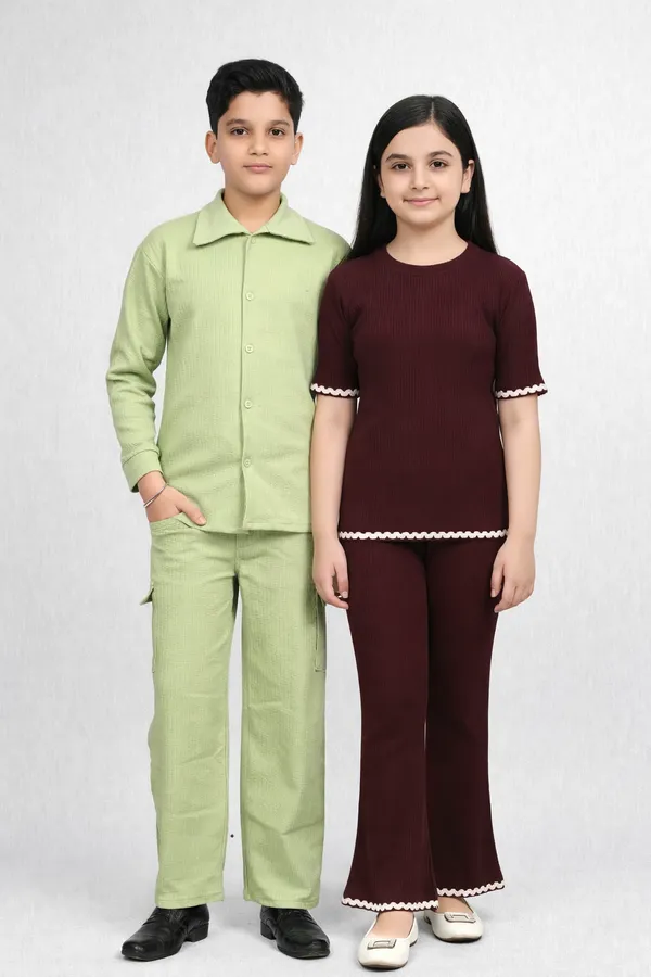 Maroon_Jacquard_Premium_Co_Ord_Set_For_Girls_Kids_And_Light_Green_Jacquard_Premium_Shirt_And_Trouser_Set_For_Kids_Boy_Pack_Of_2