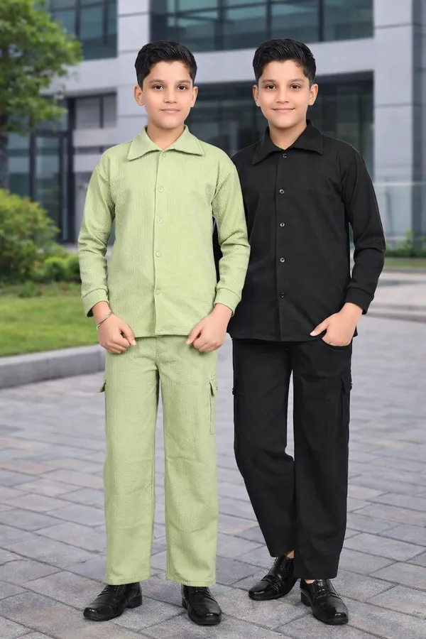 Light_Green_And_Black_Jacquard_Premium_Shirt_And_Trouser_Set_For_Kids_Boy_Pack_Of_2