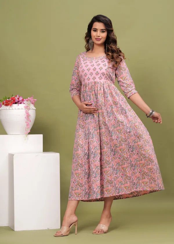 Women'S_Pure_Cotton_Printed_Maternity_Dress_Of_Pink_Color_|_Comfortable_And_Elegant_Everyday_Wear
