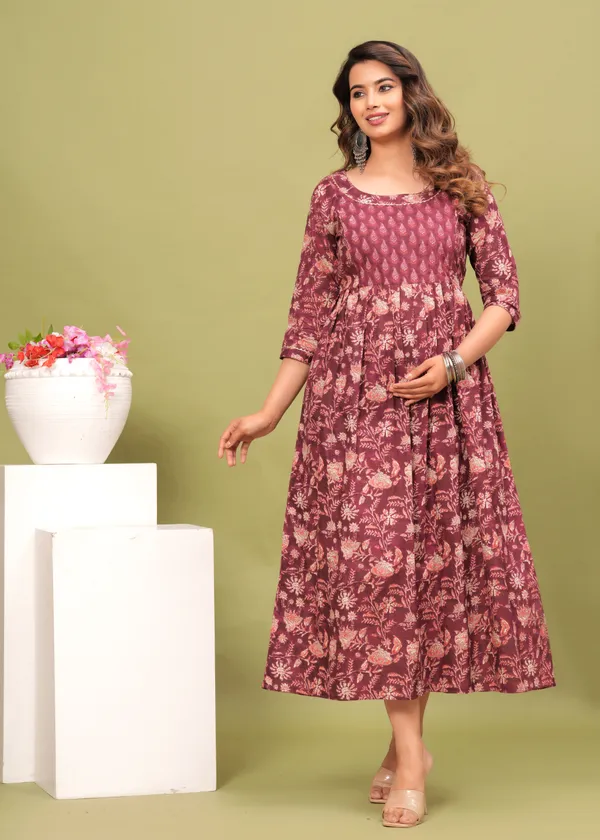 Women'S_Pure_Cotton_Printed_Maternity_Dress_Of_Wine_Color_|_Comfortable_And_Elegant_Everyday_Wear