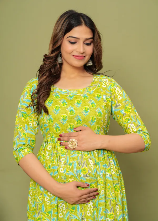 Women'S_Pure_Cotton_Printed_Maternity_Dress_Of_Green_Color_|_Comfortable_And_Elegant_Everyday_Wear