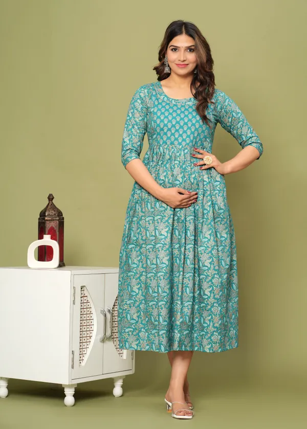 Women'S_Pure_Cotton_Printed_Maternity_Dress_Of_Light_Green_Color_|_Comfortable_And_Elegant_Everyday_Wear