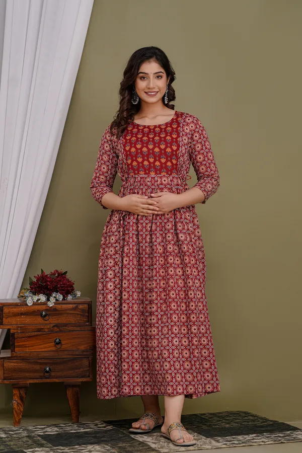 Women'S_Pure_Cotton_Printed_Maternity_Dress_Of_Maroon_Color_|_Comfortable_And_Elegant_Everyday_Wear