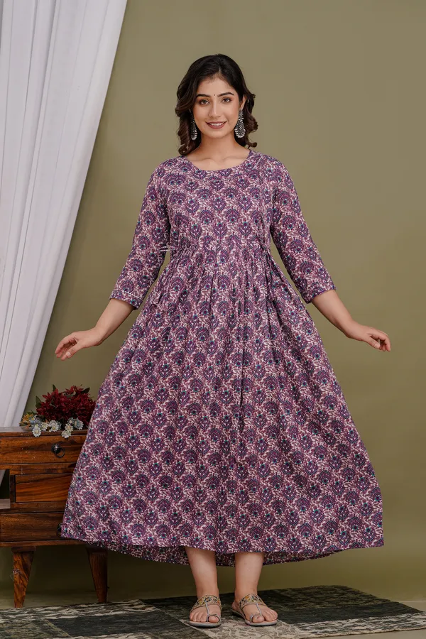 Women'S_Pure_Cotton_Printed_Maternity_Dress_Of_Purple_Color_|_Comfortable_And_Elegant_Everyday_Wear