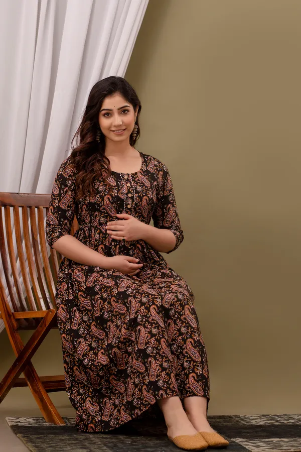 Women'S_Pure_Cotton_Printed_Maternity_Dress_Of_Black_Color_|_Comfortable_And_Elegant_Everyday_Wear