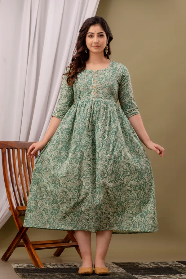 Women'S_Pure_Cotton_Printed_Maternity_Dress_Of_Green_Color_|_Comfortable_And_Elegant_Everyday_Wear
