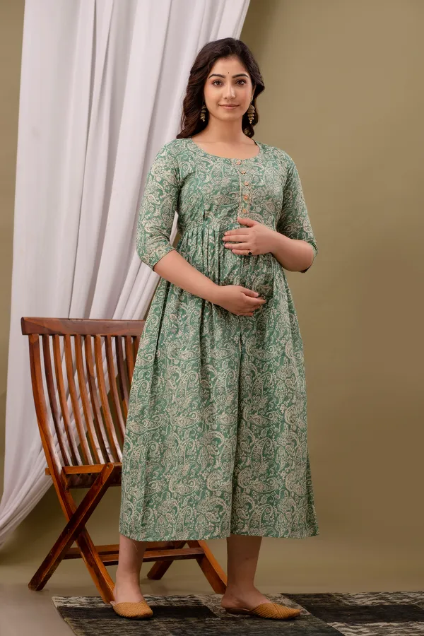 Women'S_Pure_Cotton_Printed_Maternity_Dress_Of_Green_Color_|_Comfortable_And_Elegant_Everyday_Wear