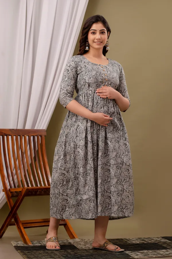 Women'S_Pure_Cotton_Printed_Maternity_Dress_Of_Grey_Color_|_Comfortable_And_Elegant_Everyday_Wear