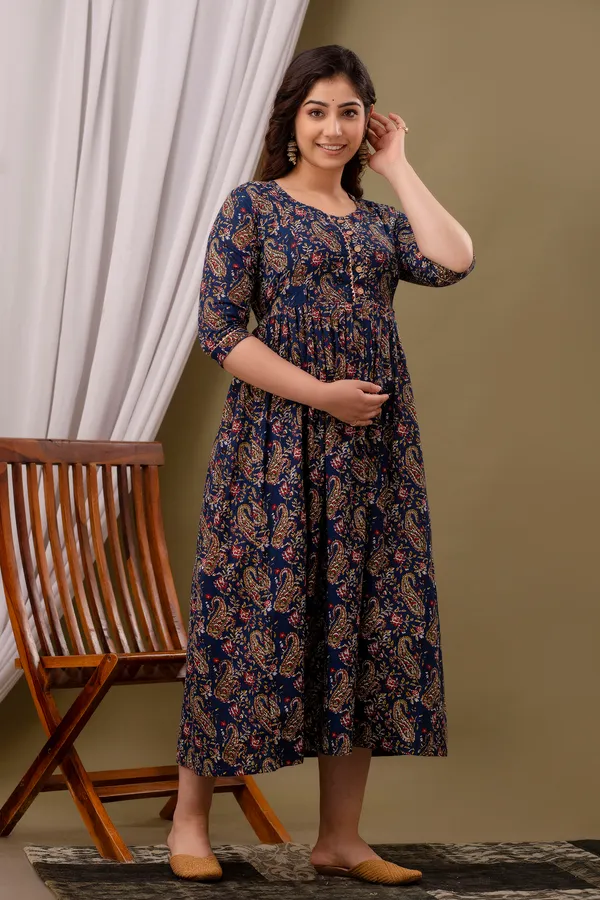 Women'S_Pure_Cotton_Printed_Maternity_Dress_Of_Navy_Blue_Color_|_Comfortable_And_Elegant_Everyday_Wear