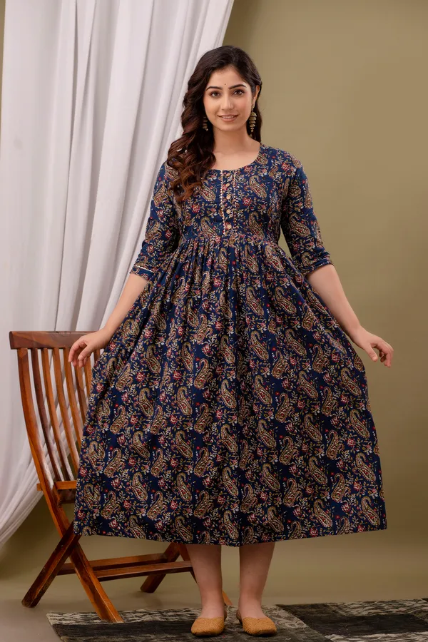 Women'S_Pure_Cotton_Printed_Maternity_Dress_Of_Navy_Blue_Color_|_Comfortable_And_Elegant_Everyday_Wear