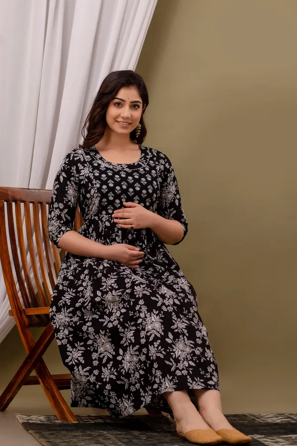 Women'S_Pure_Cotton_Printed_Maternity_Dress_Of_Black_And_White_Color_|_Comfortable_And_Elegant_Everyday_Wear