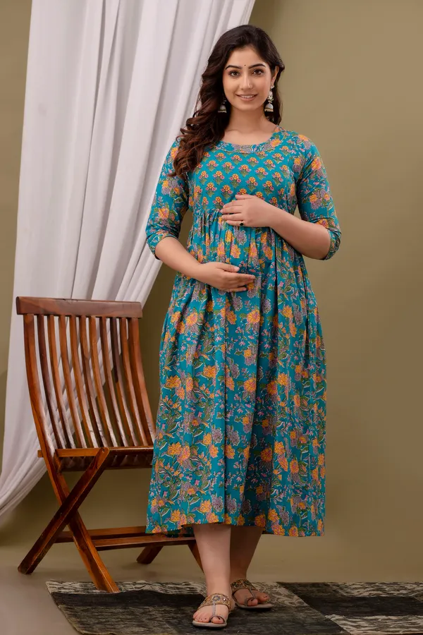 Women'S_Pure_Cotton_Printed_Maternity_Dress_Of_Blue_And_Yellow_Color_|_Comfortable_And_Elegant_Everyday_Wear