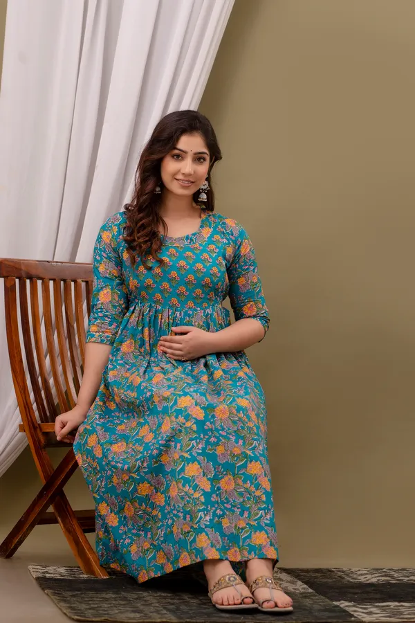 Women'S_Pure_Cotton_Printed_Maternity_Dress_Of_Blue_And_Yellow_Color_|_Comfortable_And_Elegant_Everyday_Wear