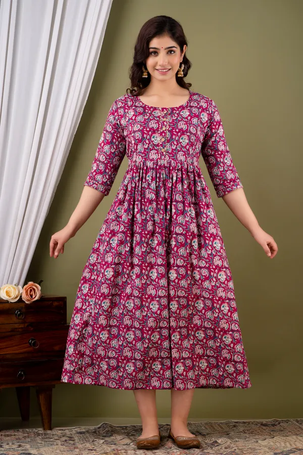 Women'S_Pure_Cotton_Printed_Maternity_Dress_Of_Rani_Pink_Color_|_Comfortable_And_Elegant_Everyday_Wear