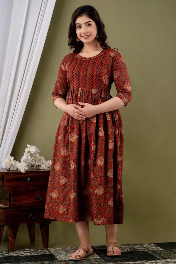 Women'S_Pure_Cotton_Printed_Maternity_Dress_Of_Maroon_Color_|_Comfortable_And_Elegant_Everyday_Wear