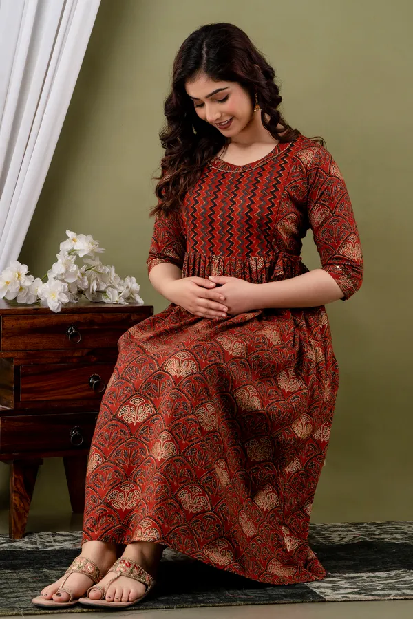 Women'S_Pure_Cotton_Printed_Maternity_Dress_Of_Maroon_Color_|_Comfortable_And_Elegant_Everyday_Wear