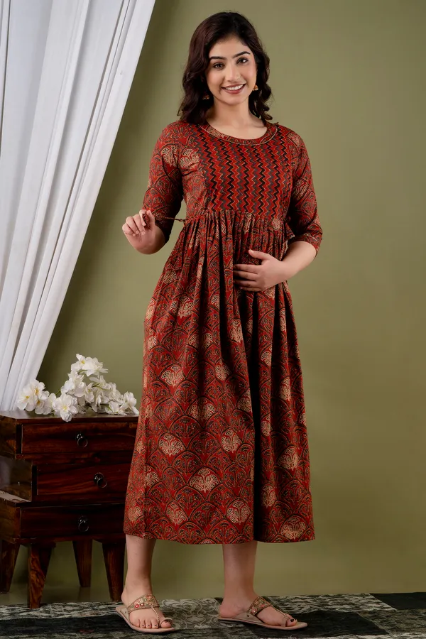 Women'S_Pure_Cotton_Printed_Maternity_Dress_Of_Maroon_Color_|_Comfortable_And_Elegant_Everyday_Wear