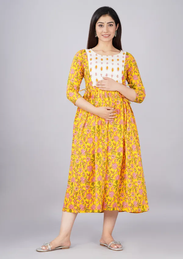 Women'S_Pure_Cotton_Printed_Maternity_Dress_Of_Yellow_And_White_Color_|_Comfortable_And_Elegant_Everyday_Wear