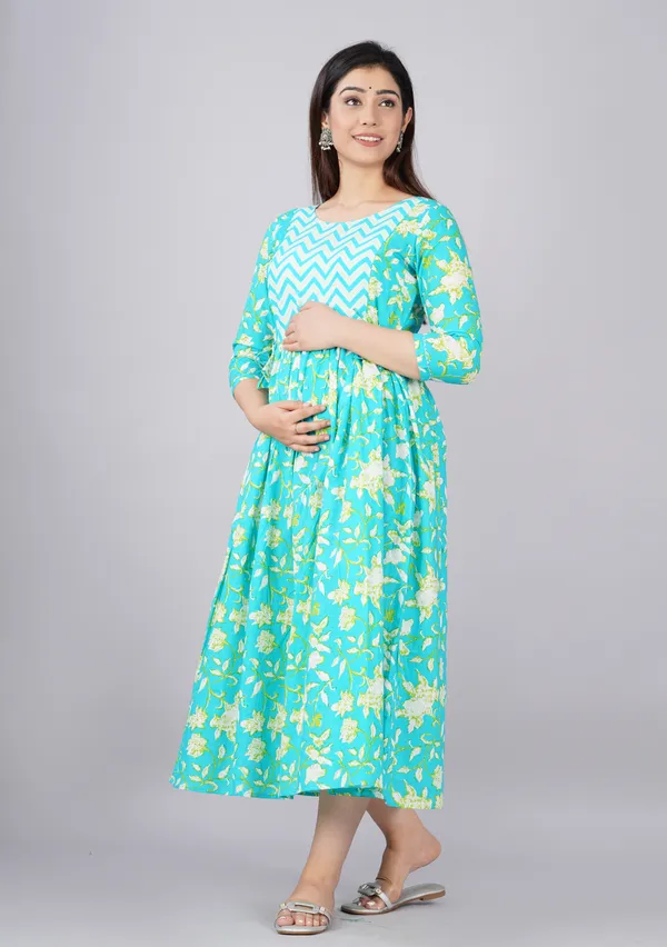 Women'S_Pure_Cotton_Printed_Maternity_Dress_Of_Sky_Blue_Color_|_Comfortable_And_Elegant_Everyday_Wear