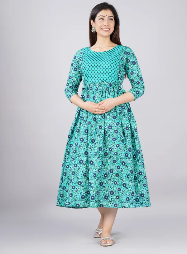 Women'S_Pure_Cotton_Printed_Maternity_Dress_Of_Rama_Blue_Color_|_Comfortable_And_Elegant_Everyday_Wear