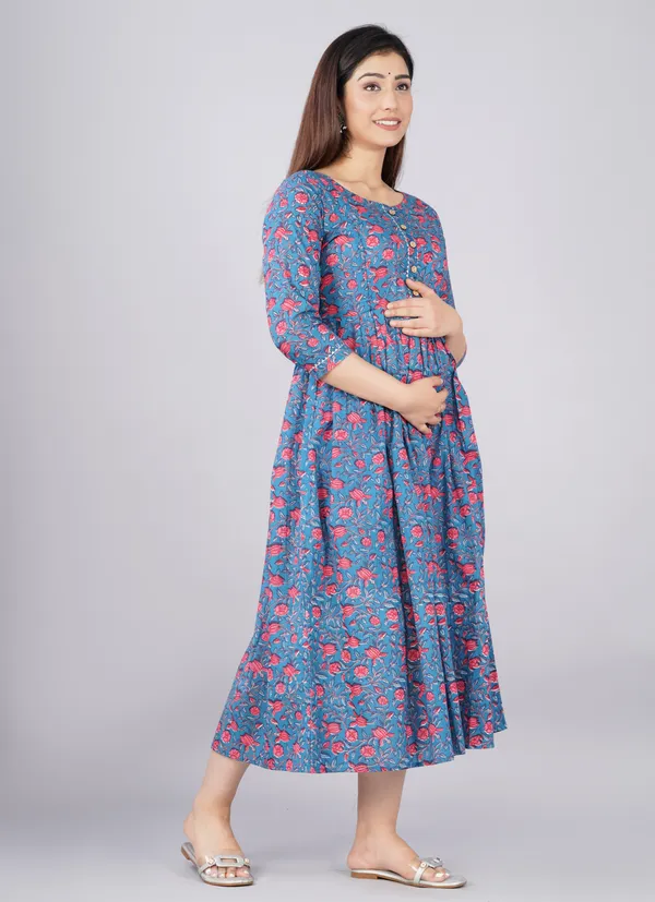 Women'S_Pure_Cotton_Printed_Maternity_Dress_Of_Light_Blue_Color_|_Comfortable_And_Elegant_Everyday_Wear
