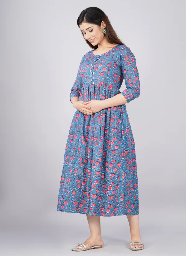 Women'S_Pure_Cotton_Printed_Maternity_Dress_Of_Light_Blue_Color_|_Comfortable_And_Elegant_Everyday_Wear