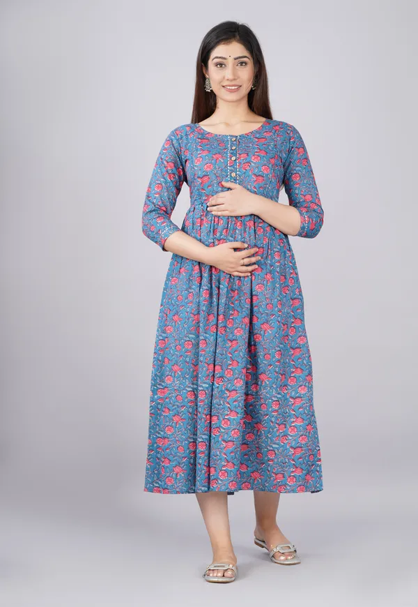Women'S_Pure_Cotton_Printed_Maternity_Dress_Of_Light_Blue_Color_|_Comfortable_And_Elegant_Everyday_Wear