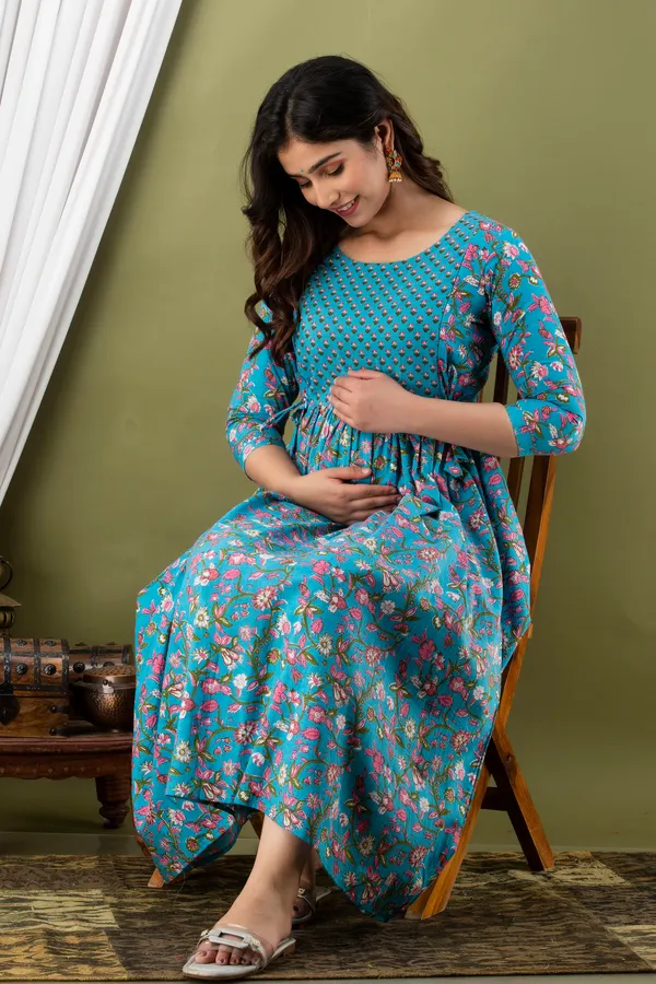 Women'S_Pure_Cotton_Printed_Maternity_Dress_Of_Sky_Blue_Color_|_Comfortable_And_Elegant_Everyday_Wear