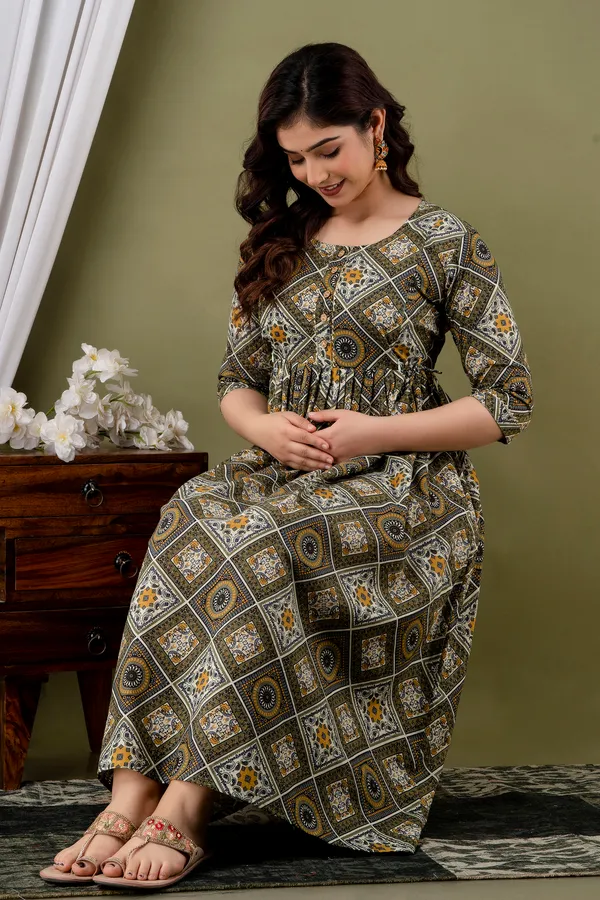Women'S_Pure_Cotton_Printed_Maternity_Dress_Of_Mehendi_Color_|_Comfortable_And_Elegant_Everyday_Wear