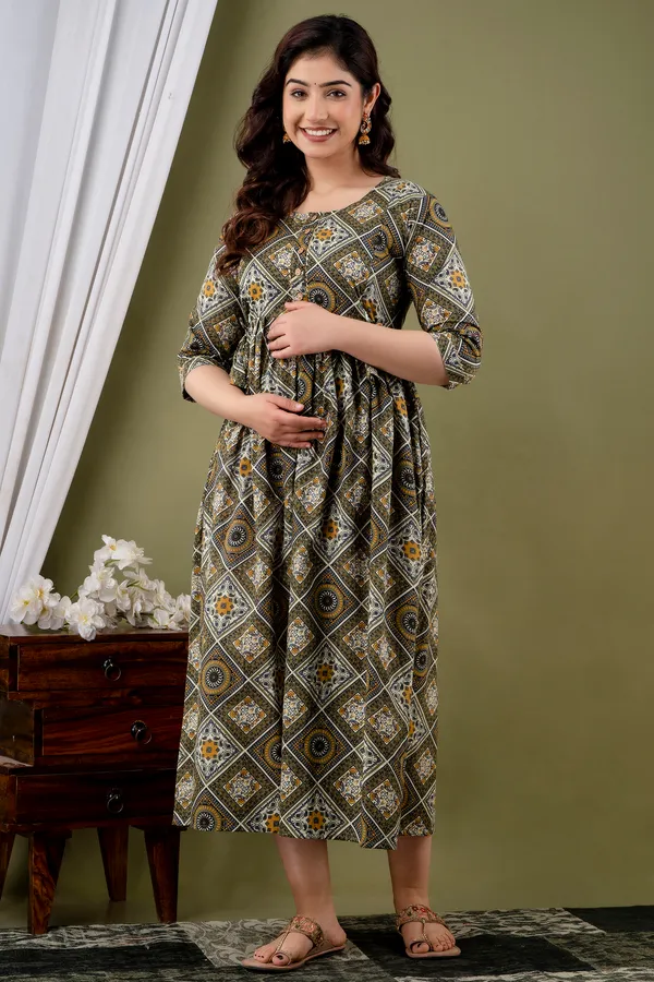 Women'S_Pure_Cotton_Printed_Maternity_Dress_Of_Mehendi_Color_|_Comfortable_And_Elegant_Everyday_Wear
