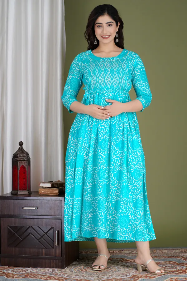 Women'S_Pure_Cotton_Printed_Maternity_Dress_Of_Blue_Color_|_Comfortable_And_Elegant_Everyday_Wear