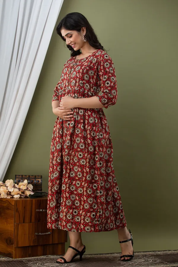 Women'S_Pure_Cotton_Printed_Maternity_Dress_Of_Maroon_Color_|_Comfortable_And_Elegant_Everyday_Wear