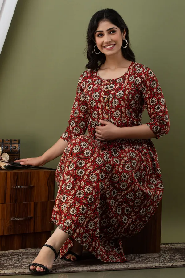 Women'S_Pure_Cotton_Printed_Maternity_Dress_Of_Maroon_Color_|_Comfortable_And_Elegant_Everyday_Wear