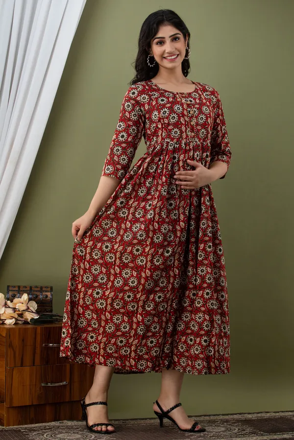 Women'S_Pure_Cotton_Printed_Maternity_Dress_Of_Maroon_Color_|_Comfortable_And_Elegant_Everyday_Wear