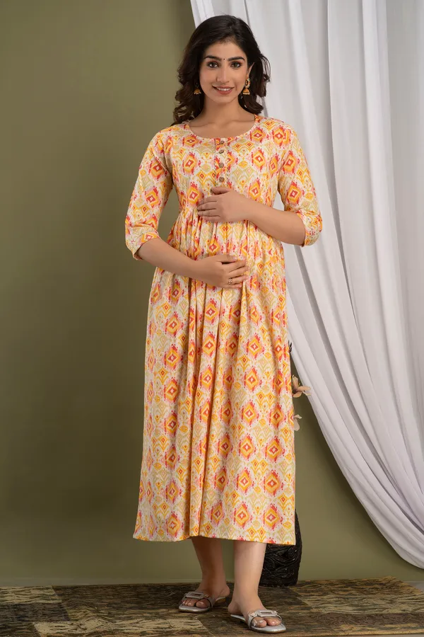 Women'S_Pure_Cotton_Printed_Maternity_Dress_Of_Yellow_And_Orange_Color_|_Comfortable_And_Elegant_Everyday_Wear
