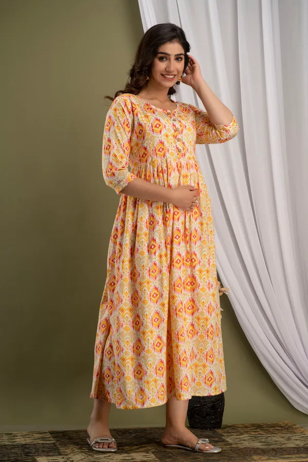 Women'S_Pure_Cotton_Printed_Maternity_Dress_Of_Yellow_And_Orange_Color_|_Comfortable_And_Elegant_Everyday_Wear