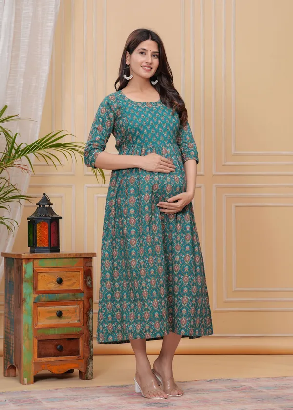 Women'S_Pure_Cotton_Printed_Maternity_Dress_Of_Green_Color_|_Comfortable_And_Elegant_Everyday_Wear
