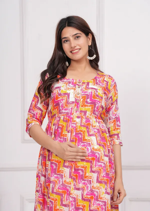 Women'S_Pure_Cotton_Printed_Maternity_Dress_Of_Peach_Color_|_Comfortable_And_Elegant_Everyday_Wear