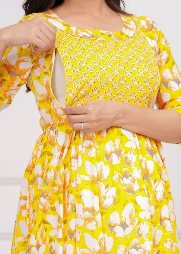 Women'S_Pure_Cotton_Printed_Maternity_Dress_Of_Yellow_Color_|_Comfortable_And_Elegant_Everyday_Wear