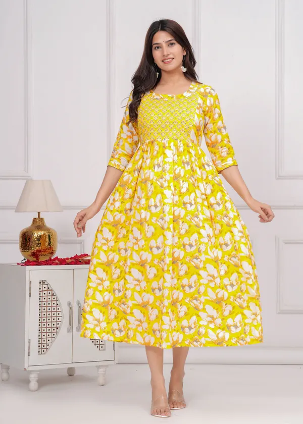 Women'S_Pure_Cotton_Printed_Maternity_Dress_Of_Yellow_Color_|_Comfortable_And_Elegant_Everyday_Wear
