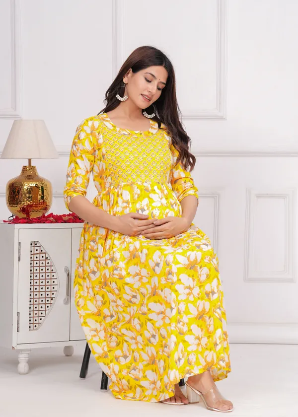 Women'S_Pure_Cotton_Printed_Maternity_Dress_Of_Yellow_Color_|_Comfortable_And_Elegant_Everyday_Wear