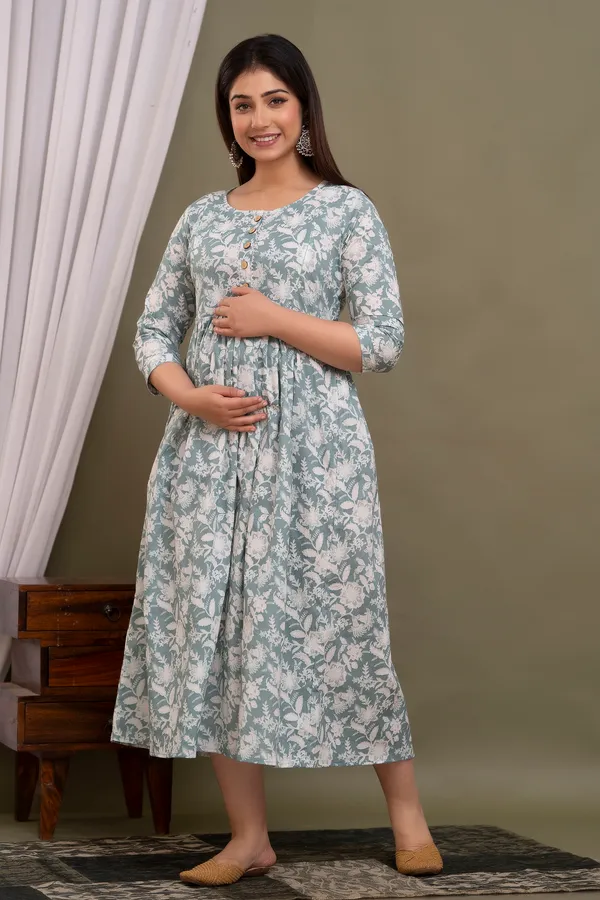 Women'S_Pure_Cotton_Printed_Maternity_Dress_Of_Blue_And_White_Color_|_Comfortable_And_Elegant_Everyday_Wear