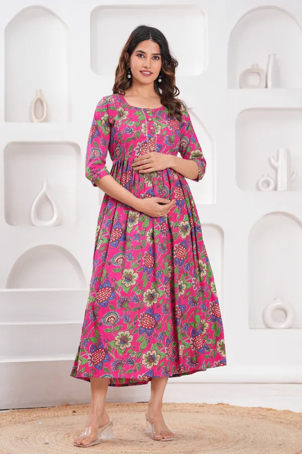Women'S_Pure_Cotton_Printed_Maternity_Dress_Of_Pink_Color_|_Comfortable_And_Elegant_Everyday_Wear