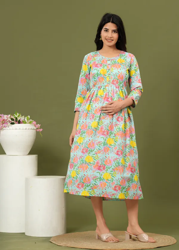 Women'S_Pure_Cotton_Printed_Maternity_Dress_Of_Light_Blue_Color_|_Comfortable_And_Elegant_Everyday_Wear