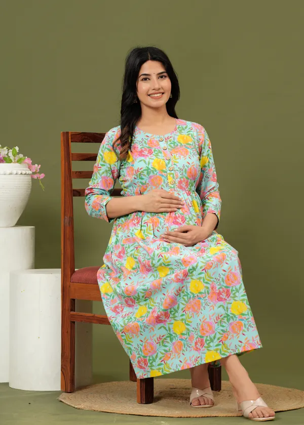 Women'S_Pure_Cotton_Printed_Maternity_Dress_Of_Light_Blue_Color_|_Comfortable_And_Elegant_Everyday_Wear