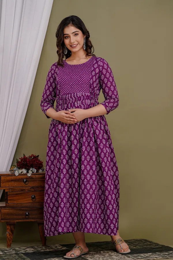 Women'S_Pure_Cotton_Printed_Maternity_Dress_Of_Purple_Color_|_Comfortable_And_Elegant_Everyday_Wear