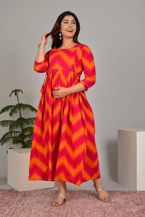 Women'S_Pure_Cotton_Printed_Maternity_Dress_Of_Orange_And_Dark_Pink_Color_|_Comfortable_And_Elegant_Everyday_Wear